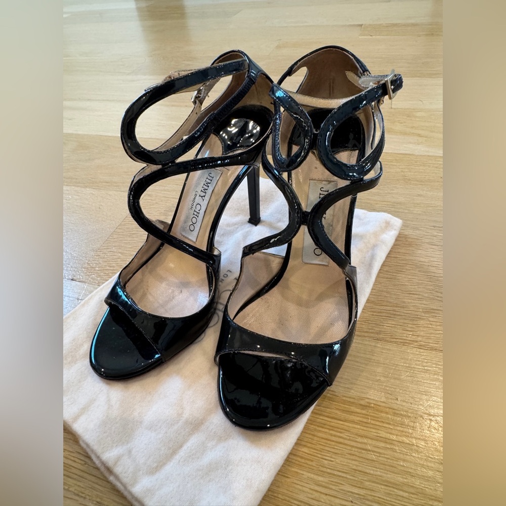 Jimmy Choo Black Patent Leather Strappy High Heel Sandals size 36